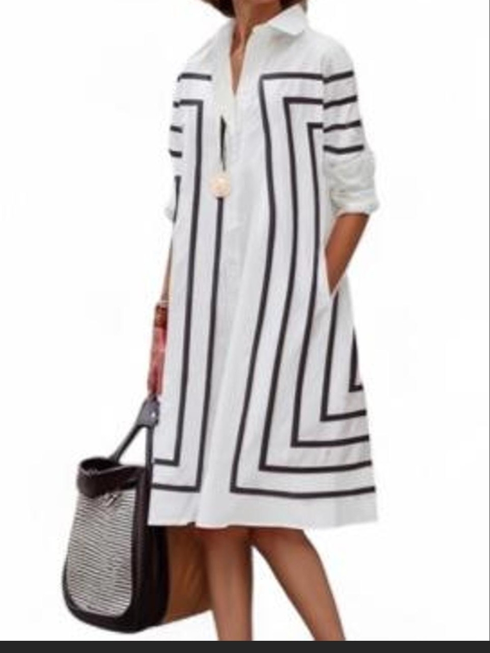 & Other Stories White Midi Shirt Dress with Black Geometric Stripes
